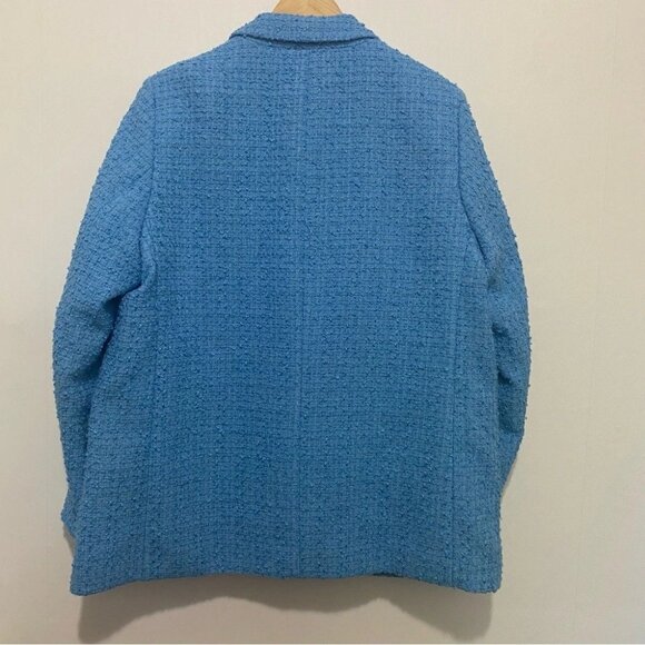 H&M Blue Tweed Double Breasted Blazer Jacket Women's Large Button Office New - Picture 2 of 10